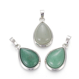 Honeyhandy Natural Green Aventurine Pendants, with Brass Findings, teardrop, Platinum, 26x16~17x8~10mm, Hole: 8x5mm