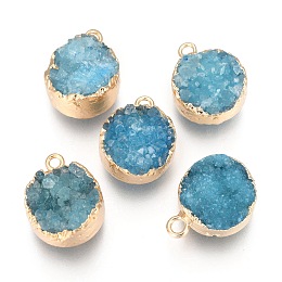 Honeyhandy Natural Druzy Agate Pendants, with Real 18K Gold Plated Brass Finding, Long-Lasting Plated, Flat Round, Dyed, Dark Cyan, 18~20x14x5~10mm, Hole: 2~3mm