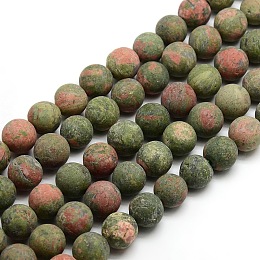 Honeyhandy Natural Frosted Unakite Round Bead Strands, 10mm, Hole: 1mm, about 37~39pcs/strand, 14.9~15.6 inch