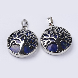 Honeyhandy Natural Lapis Lazuli Pendants, with Platinum Plated Brass Findings, Flat Round with Tree of Life, 31x27x8mm, Hole: 3.5x7mm