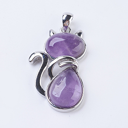 Honeyhandy Natural Amethyst Kitten Pendants, with Brass Findings, Cat Silhouette Shape, Platinum, 45x27x8mm, Hole: 5x7mm