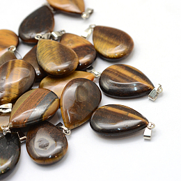 Honeyhandy Teardrop Natural Tiger Eye Pendants, with Platinum Tone Brass Findings, 25~29x16~17x5~6mm, Hole: 2x7mm