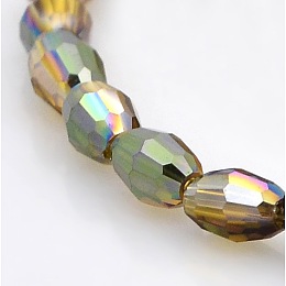 Honeyhandy Half Rainbow Plated Glass Faceted Rice Beads Strands, Dark Khaki, 6x4mm, Hole: 1mm, about 72pcs/strand, 16 inch