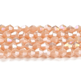 Honeyhandy Opaque Solid Color Electroplate Glass Beads Strands, AB Color Plated, Faceted, Bicone, Misty Rose, 4x4mm, Hole: 0.8mm, about 87~98pcs/strand, 12.76~14.61 inch(32.4~37.1cm)