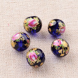 Honeyhandy Flower Picture Printed Glass Round Beads, Dark Blue, 10mm, Hole: 1mm