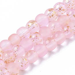 Honeyhandy Frosted Spray Painted Glass Beads Strands, with Golden Foil, Round, Pink, 4~5mm, Hole: 0.9~1.2mm, about 95~103pcs/Strand, 13.78 inch~14.88 inch(35~37.8cm)