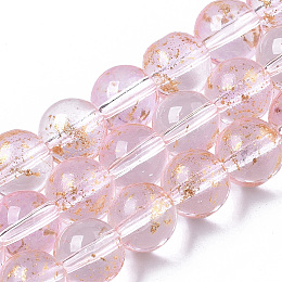 Honeyhandy Transparent Spray Painted Glass Bead Strands, with Golden Foil, Round, Pink, 8~9mm, Hole: 1.2~1.5mm, about 46~56pcs/Strand, 14.37 inch~16.3 inch(36.5~41.4cm)