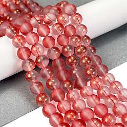 Frosted Transparent Glass Bead Strands, with Gold Powder, Round, Salmon, 8mm, Hole: 1mm, about 102pcs/strand, 30.71''(78cm)