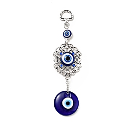 Honeyhandy Lacy Flower Pendant Decorations, Handmade Lampwork & Alloy Rinestone & Resin Evil Eye Hanging Ornaments, Antique Silver, 158mm, Hole: 13.5x9.5mm