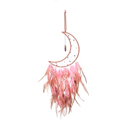 Honeyhandy Moon Woven Net/Web with Feather Pendant Decoration, Bullet Synthetic Turquoise Charm Hanging Wall Decoration, for Home Bedroom Car Ornaments Birthday Gift, Pink, 600mm