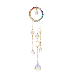 Honeyhandy Glass Teardrop & Star Window Hanging Suncatchers, Ring Natural Gemstone & Brass Sun & Moon & Star Pendants Decorations Ornaments, 235mm