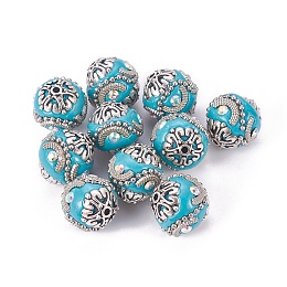 Honeyhandy Handmade Indonesia Beads, with Rhinestone and Brass Findings, Round, Antique Silver, Dark Turquoise, 15~17x15~15.5mm, Hole: 1.5mm