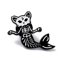 Honeyhandy Alloy Enamel Brooches, Enamel Pin, with Clutches, Cat Mermaid, Electrophoresis Black, White, 27x27x9.5mm, Pin: 1.2mm