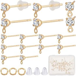 CREATCABIN 1 Box 60Pcs Real 18K Gold Plated Brass Round Earring Findings with Loop Clear Cubic Zirconia Earring Posts with 60Pcs Jump Rings 60Pcs Ear Nuts for Women DIY Jewelry Making Accessories