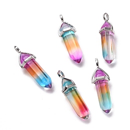 Honeyhandy Faceted Bullet Glass Pointed Pendants, with Platinum Plated Brass Findings, Purple, 38~39.5x12.5x10mm, Hole: 5x3mm