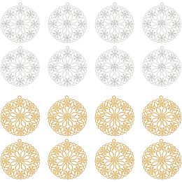 SUPERFINDINGS 50Pcs 2 Colors 1.1inch Flat Round Brass Hollow Filigree Charms Round Flower Filigree Connectors Charms Pendants Filigree Metal Embellishments for DIY Necklace Jewelry Making