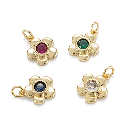 Honeyhandy Brass Cubic Zirconia Charms, Real 18K Gold Plated, Long-Lasting Plated, Plum Blossom , Mixed Color, 14x12x3.5mm, Hole: 3mm, Jump Ring: 5x0.8mm