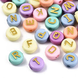 Honeyhandy Opaque Acrylic Beads, Metal Enlaced, Flat Round with Golden Letter, Mixed Color, 10x6mm, Hole: 2mm, about 620pcs/200g