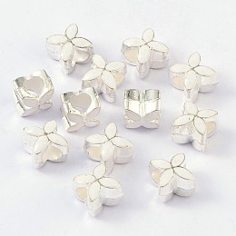 Honeyhandy Alloy Enamel European Beads, Large Hole Beads, Flower, Silver Color Plated, White, 10x10x8mm, Hole: 5mm