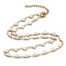 Honeyhandy Ion Plating(IP) Golden 304 Stainless Steel Heart Link Chain Necklaces, with Enamel, White, 17.72~17.91 inch(45~45.5cm)