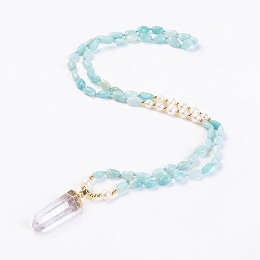 Honeyhandy Natural Amazonite and Natural Quartz Crystal Pendant Necklaces, with Pearl and Brass Findings, Bullet, 31.5 inch~32.3 inch(80~82cm), Pendant: 45~55x15x10mm