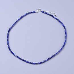 Honeyhandy Natural Lapis Lazuli Beaded Necklaces, with Brass Lobster Claw Clasps, Faceted Round Beads, 16.5 inch~16.7 inch(42~42.5cm)x2mm