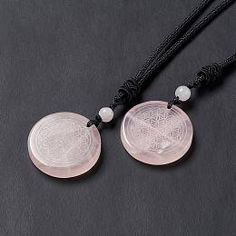 Honeyhandy Natural Rose Quartz Flat Round with Flower of Life Pendant Necklace with Nylon Cord for Women, 25.59~27.95 inch(65~71cm)