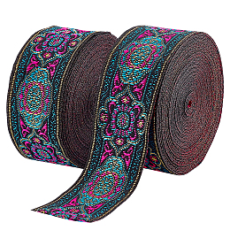 PandaHall Elite Ethnic Style Embroidery Polyester Ribbons, Jacquard Ribbon, Tyrolean Ribbon, Garment Accessories, Flower Pattern, Fuchsia, 36958 inch(34mm), 0.5mm, about 7.66 Yards(7m)/pc