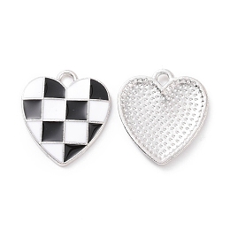 Honeyhandy Alloy Enamel Pendants, Heart with Tartan Charm, Platinum, Black, 18x16x1.7mm, Hole: 1.6mm