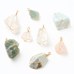 Honeyhandy Rough Raw Natural Gemstone Pendants, Wire Wrapped Pendants, with Golden Plated Copper Wire, Nuggets, 34~61x25~30x10~36mm, Hole: 4~4.6mm