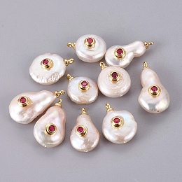 Honeyhandy Natural Cultured Freshwater Pearl Pendants, with Brass Micro Pave Cubic Zirconia Cabochons, Long-Lasting Plated, Real 18K Gold Plated, Hot Pink, 16~22.5x10~14mm, Hole: 1.4mm