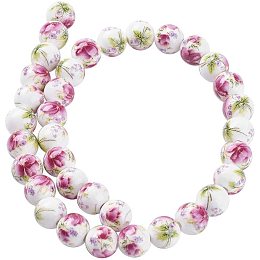 CHGCRAFT 1strand Handmade Printed Porcelain Ceramic Beads Strands Round with Flower Shaped Charm Colorful Spacer Beads for DIY Jewelry Making About 35pcs/Strand