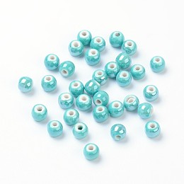 Honeyhandy Pearlized Handmade Porcelain Round Beads, Light Sea Green, 6mm, Hole: 1.5mm