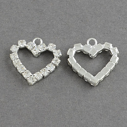 Honeyhandy Shining Heart Brass Grade A Crystal Rhinestone Pendants, Silver Color Plated, Crystal, 19x17x2.5mm, Hole: 2mm