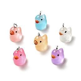 Luminous Translucent Resin Pendants, Duck Charm, with Platinum Tone Iron Loops, Mixed Color, 19x11.5x17mm, Hole: 2.5mm