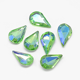 Honeyhandy Pointed Back Glass Rhinestone Cabochons, Back Plated, Faceted, AB Color Plated, teardrop, Light Green, 13x8x4mm