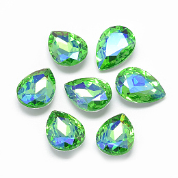 Honeyhandy Pointed Back Glass Rhinestone Cabochons, Back Plated, Faceted, AB Color Plated, teardrop, Light Green, 18x13x5.5mm