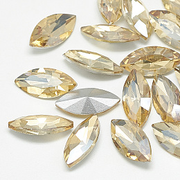 Honeyhandy Pointed Back Glass Rhinestone Cabochons, Back Plated, Faceted, Horse Eye, Light Colorado Topaz, 12x6x3.5mm