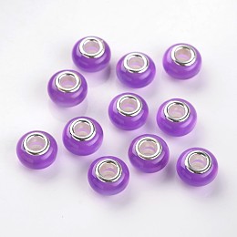 Honeyhandy Large Hole Rondelle Resin European Beads, with Silver Color Plated Brass Cores, Imitation Cat Eye, Blue Violet, 13.5~14x9mm, Hole: 5mm