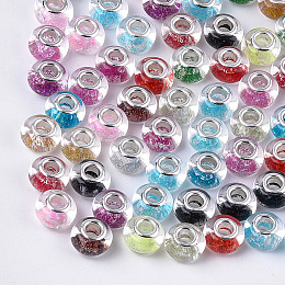 Arricraft Opaque Resin European Beads, Large Hole Beads, Imitation Porcelain, with Platinum Tone Brass Double Cores, AB Color, Rondelle, Mixed Color, 14x9mm, Hole: 5mm