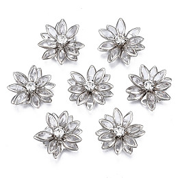 Honeyhandy Acrylic Rhinestone Flower Flat Back Cabochons, with Brass Findings, Platinum, Clear, 24x7mm