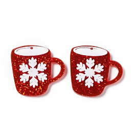 Honeyhandy Christmas Transparent Printed Acrylic Pendants, with Sequins, Cup with Snowflake, FireBrick, 30x31x2mm, Hole: 1.4mm