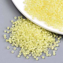 Honeyhandy 12/0 Glass Seed Beads, Transparent Inside Colours Luster, Round Hole, Round, Champagne Yellow, 12/0, 2~2.5x1.5~2mm, Hole: 0.8mm, about 30000pcs/bag