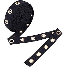 BENECREAT 6 Yards 1" Wide Black Cotton Grommet Eyelet Twill Tape Trim, 8mm Gold Metal Eyelet Ring Ribbon Strip for Sewing Crafts Making