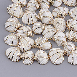 Honeyhandy Electroplate Sea Shell Pendants, with Iron Findings, Golden, Seashell Color, 18~30x19~28x7~10mm, Hole: 1.6mm