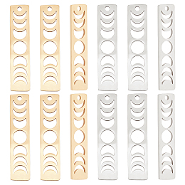 DICOSMETIC 12Pcs 2 Colors 201 Stainless Steel Pendants, Laser Cut, Moon Phase Bar Charm, Golden & Silver, 35x8x1mm, Hole: 1.8mm, 6pcs/color