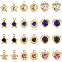 DICOSMETIC 48Pcs 3 Styles Crystal Charms Tiny Heart Flat Round and Star Charms Golden Dangle Charms with Colorful Rhinestone for Jewelry Making DIY Crafts, Hole: 1.4mm