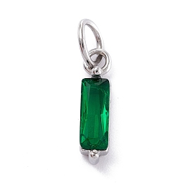 Honeyhandy 304 Stainless Steel Cubic Zirconia Pendants, Rectangle, Stainless Steel Color, Dark Green, 17x4x4mm, Hole: 5mm