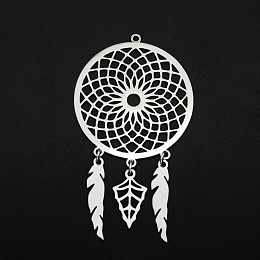 Honeyhandy 201 Stainless Steel Big Pendants, Laser Cut, Woven Net/Web with Feather, Stainless Steel Color, 64x35x1mm, Hole: 1.6mm