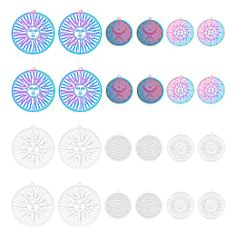 Unicraftale 24Pcs 6 Style Ion Plating(IP) 201 & 304 Stainless Steel Filigree Pendants, Etched Metal Embellishments, Flat Round with Sun & Moon, Mixed Color, 32.5x30x0.3mm, Hole: 1.6mm, 4pcs/style